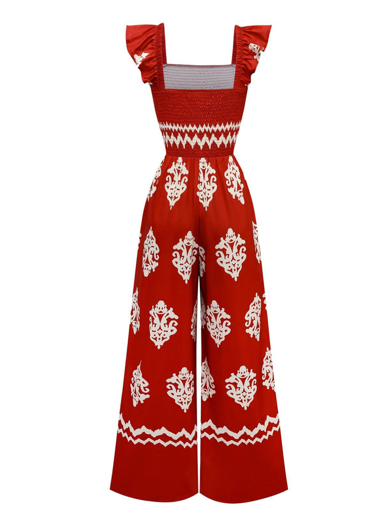 1970s Boho Geometric Print Square Neck Jumpsuit - vintage jumpsuit, retro fashion