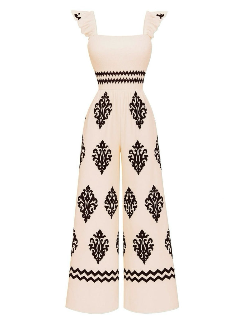 1970s Boho Geometric Print Square Neck Jumpsuit - vintage jumpsuit, retro fashion