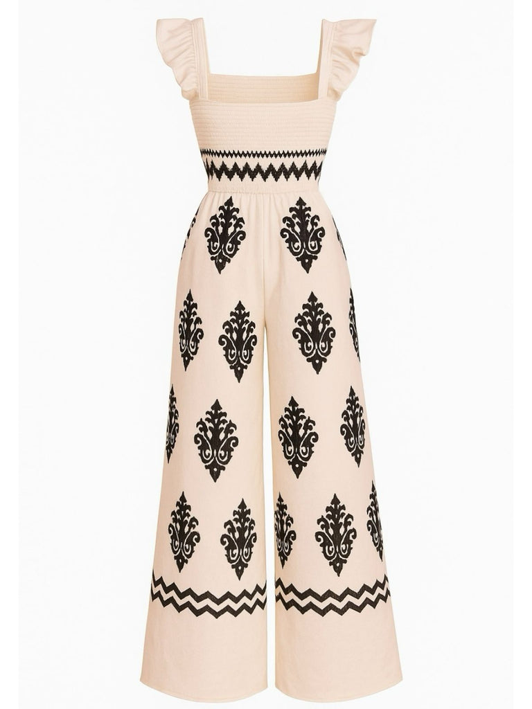 1970s Boho Geometric Print Square Neck Jumpsuit - vintage jumpsuit, retro fashion
