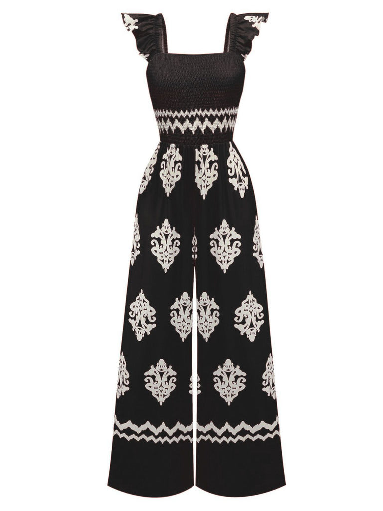 1970s Boho Geometric Print Square Neck Jumpsuit - vintage jumpsuit, retro fashion