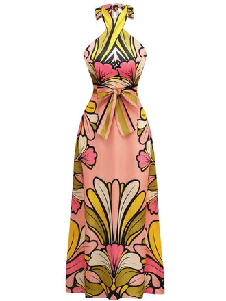 1970s Boho Halter Floral Belted Backless Dress - vintage dress, retro fashion