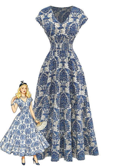 1970s Boho Ornate Floral V Neck Empire Waist Maxi Dress