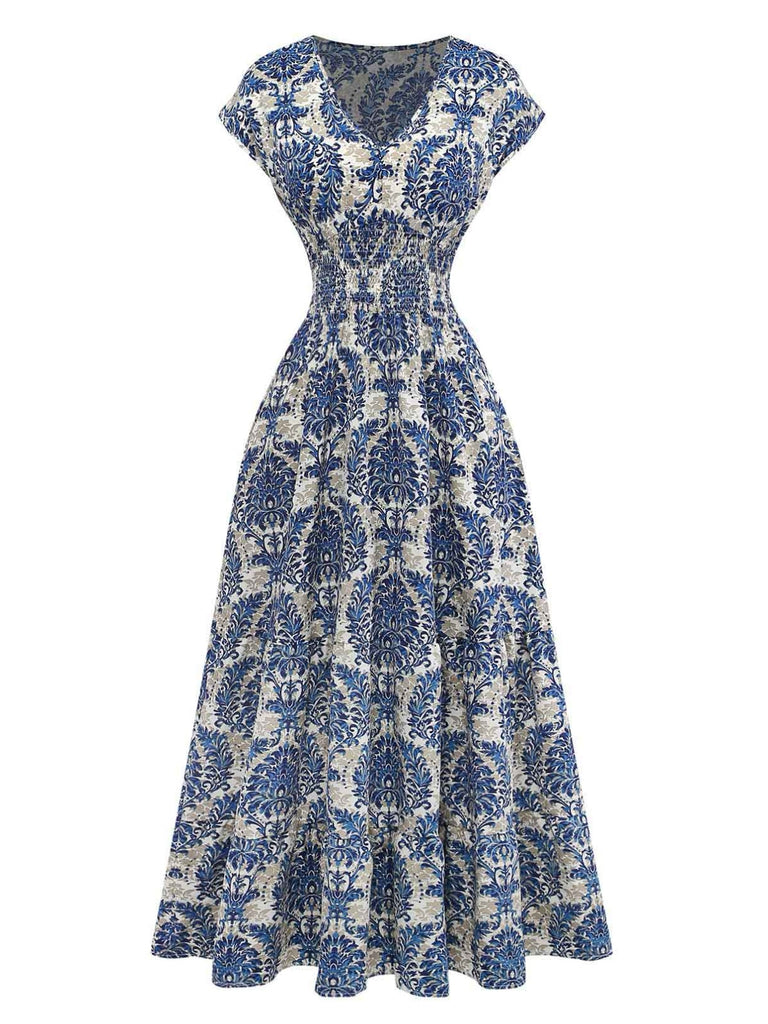 Boho Maxi Dress Women's Ornate Floral V Neck Empire Waist Dress