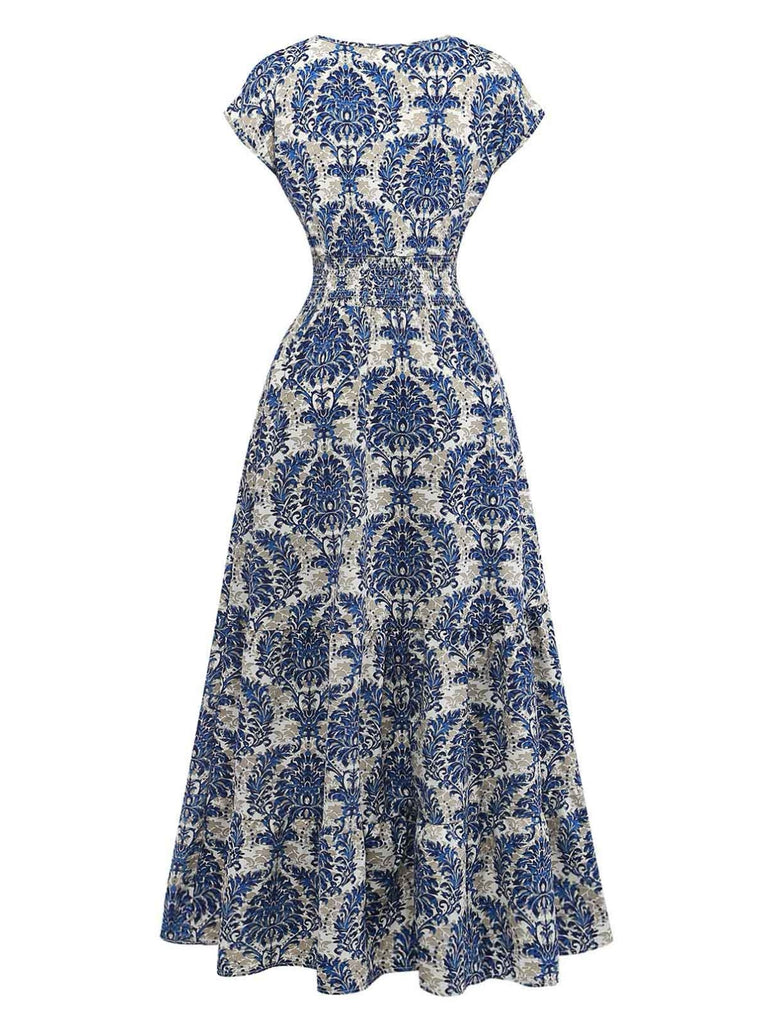 1970s Boho Ornate Floral V Neck Empire Waist Maxi Dress