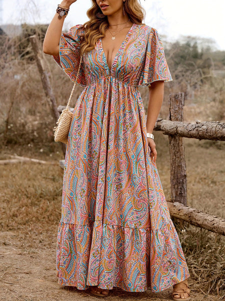 Plus Size] 1970s Boho Paisley V-Neck Flutter Sleeve Maxi Dress