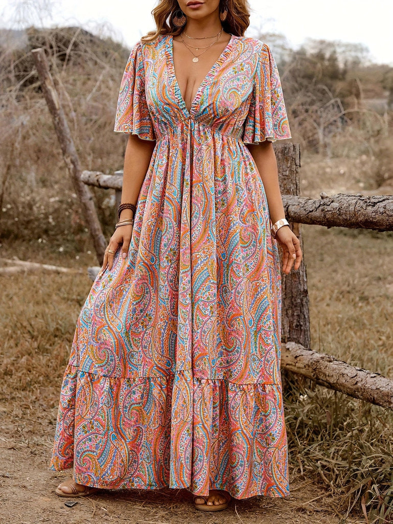 [Plus Size] 1970s Boho Paisley V-Neck Flutter Sleeve Maxi Dress