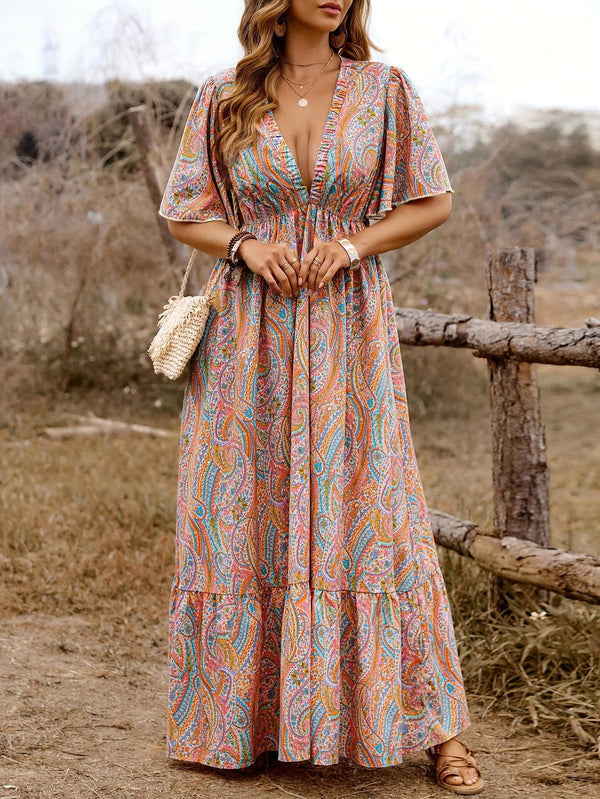 Plus Size] 1970s Boho Paisley V-Neck Flutter Sleeve Maxi Dress | Retro Stage