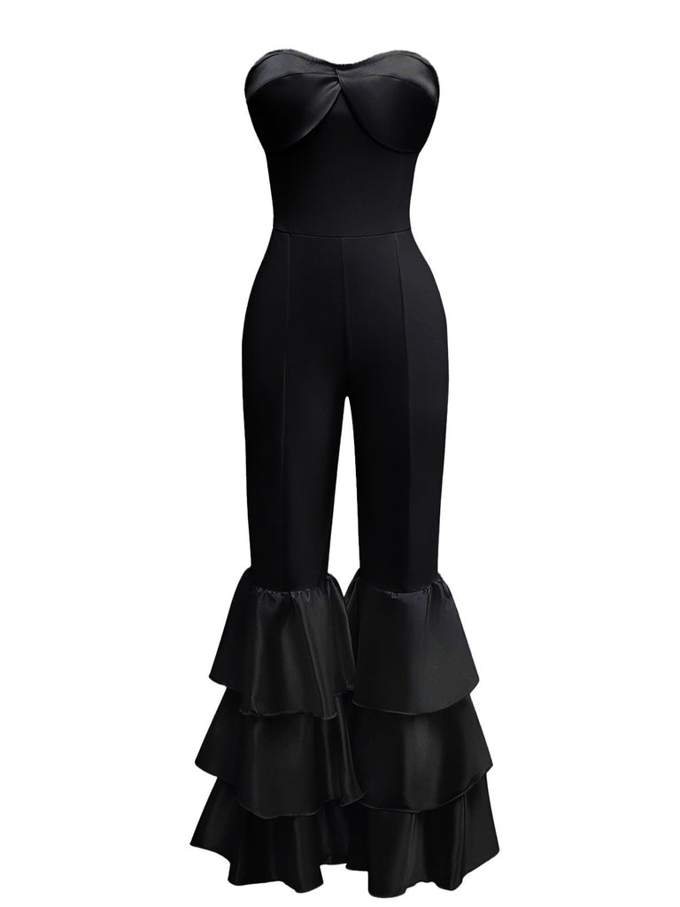 1970s Boho Strapless Solid Pleated Ruffle Jumpsuit - vintage jumpsuit, retro fashion