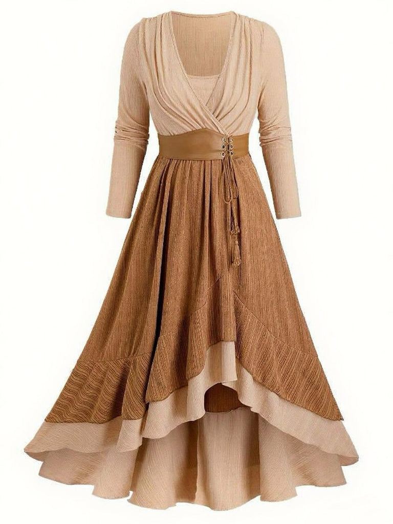 1970s Boho Tie Tassel Hem Ruffle Ribbed Dress - vintage dress, retro fashion