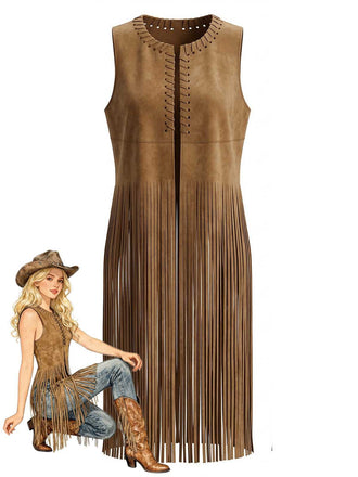 1970s Boho Western Cowgirl Faux Suede Fringe Long Vest - vintage fashion, retro style