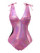 Pink 1970s Bow Deep V Gloss Hollow Swimsuit: 1970s Riviera elegance, reimagined for her