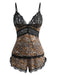Brown 1970s Leopard Lace Spaghetti Strap Pajama Set - vintage fashion, retro style