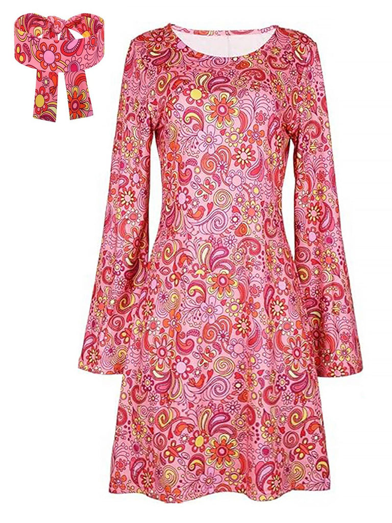 She slips into this 1970s Cashew Flower Hippie Disco Dress With Headscarf and suddenly it's a 1970s daydream