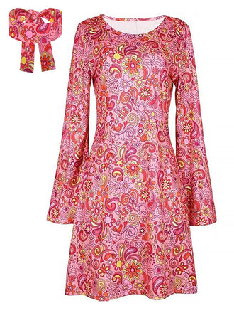 She slips into this 1970s Cashew Flower Hippie Disco Dress With Headscarf and suddenly it's a 1970s daydream