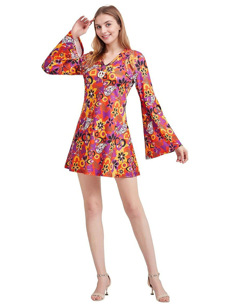 1970s disco dress Women's 70s Disco Dress Flower Hippie Dress With Headscarf Pink