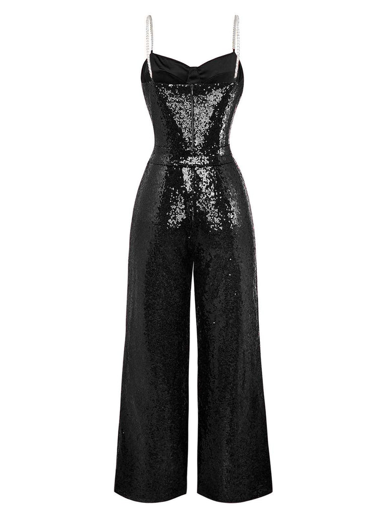 1970s Chain Strap Sequined Disco Jumpsuit - vintage jumpsuit, retro fashion