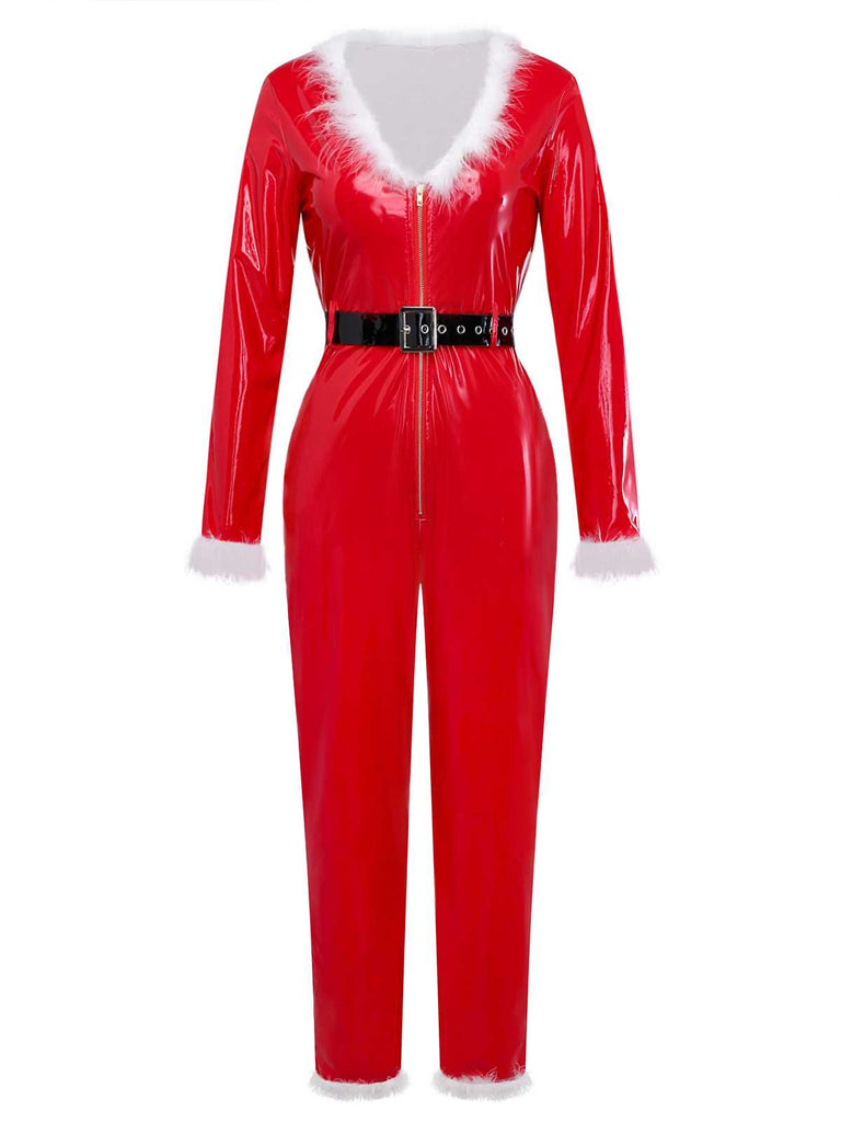 1970s Christmas Santa Claus Costume Latex Jumpsuit - vintage jumpsuit, retro fashion