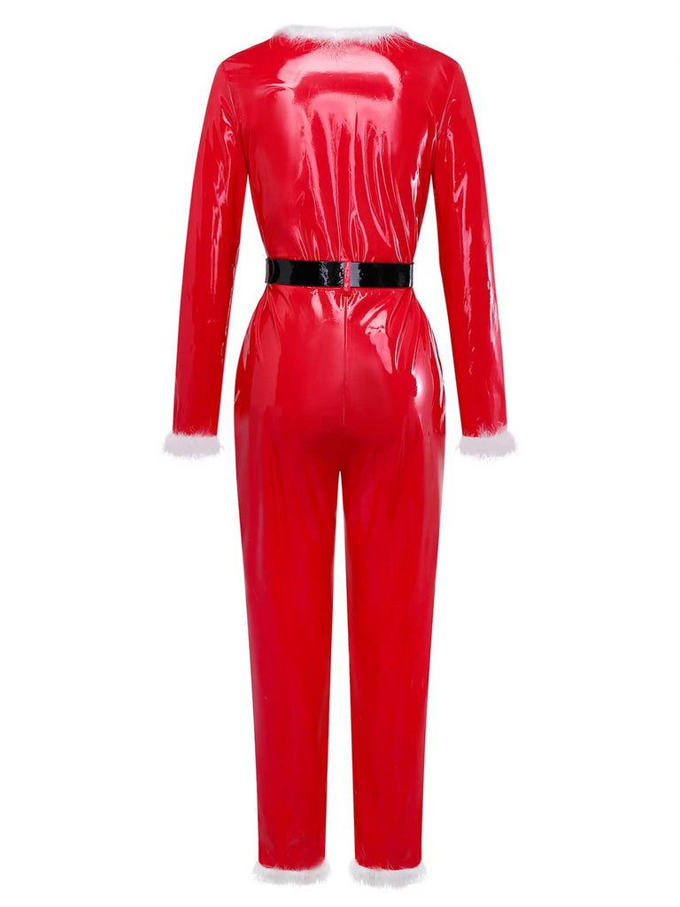 1970s Christmas Santa Claus Costume Latex Jumpsuit - vintage jumpsuit, retro fashion