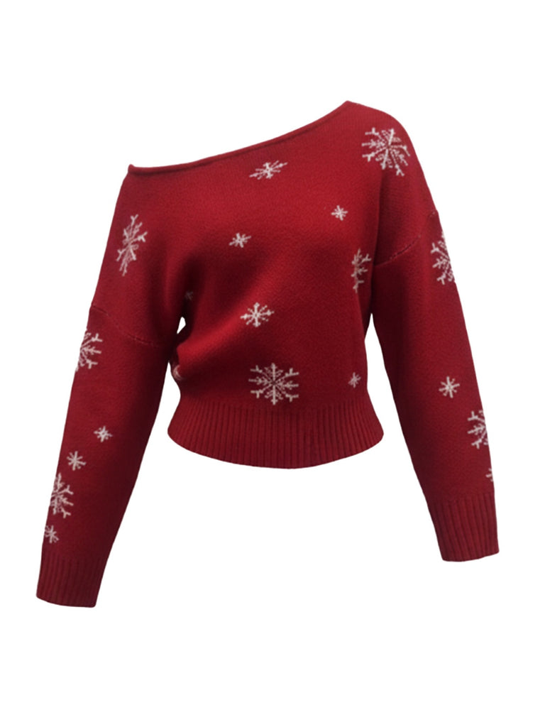 1970s Christmas Snowflake Asymmetrical Shoulder Pullover Sweater - vintage fashion, retro style