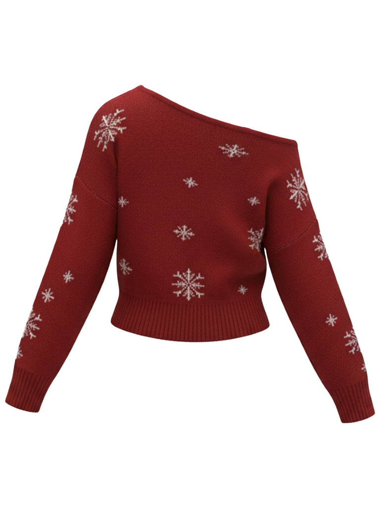 1970s Christmas Snowflake Asymmetrical Shoulder Pullover Sweater - vintage fashion, retro style