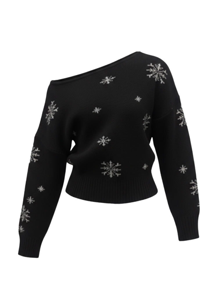 1970s Christmas Snowflake Asymmetrical Shoulder Pullover Sweater - vintage fashion, retro style