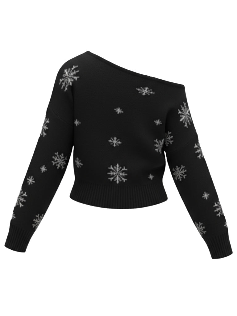 1970s Christmas Snowflake Asymmetrical Shoulder Pullover Sweater - vintage fashion, retro style
