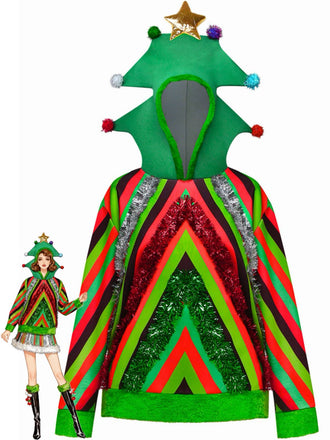 1970s Colorful Christmas Tree 3D Embellished Hoodie Sweater - vintage fashion, retro style