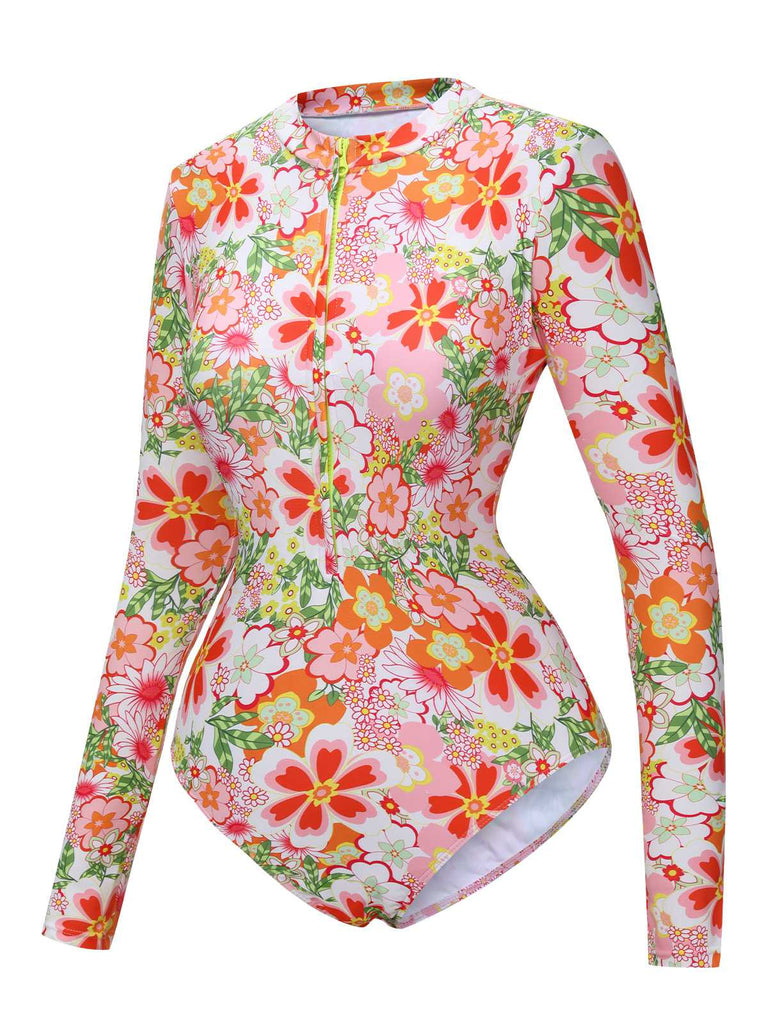 1970s Colorful Floral Print One-Piece Swimsuit: 1970s Riviera elegance, reimagined for her