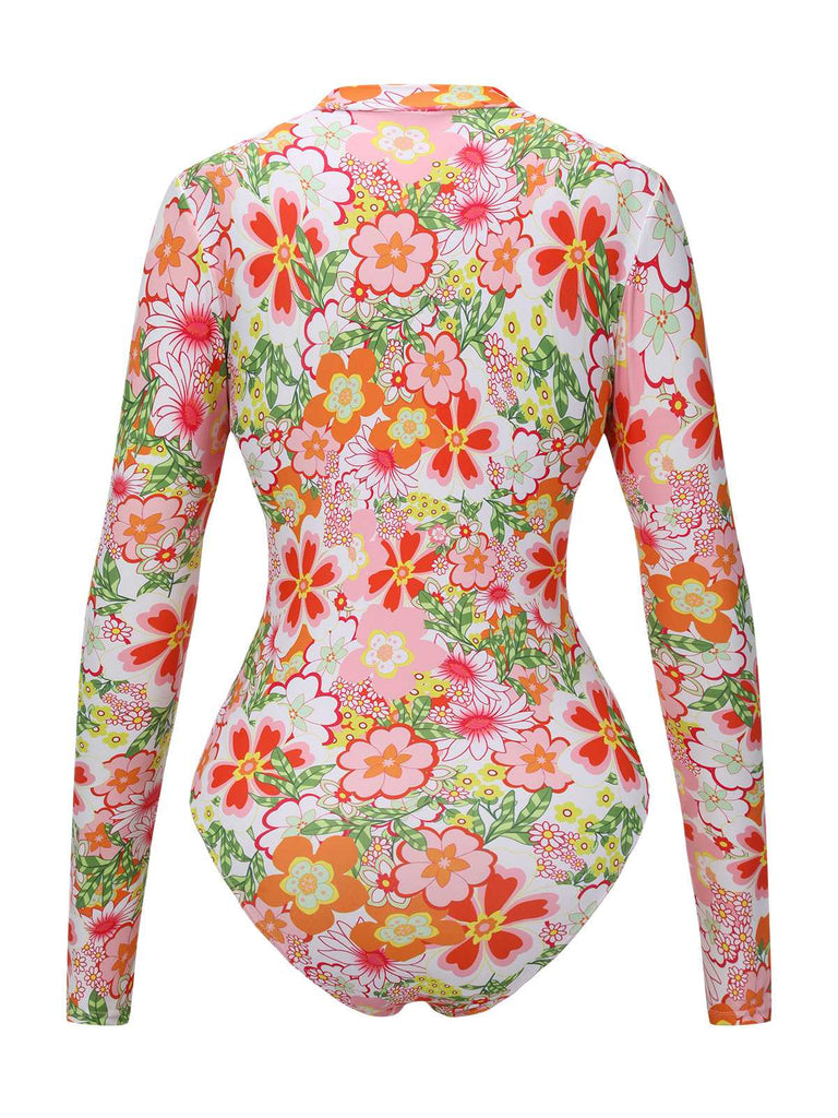 This 1970s Colorful Floral Print One-Piece Swimsuit carries 1970s vacation dreams in every stitch