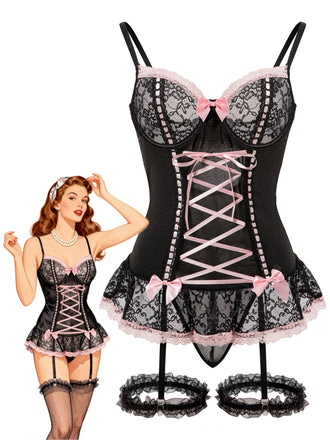 1970s Contrasted Lace Mesh Bow Lace-Up Lingerie Set - vintage fashion, retro style