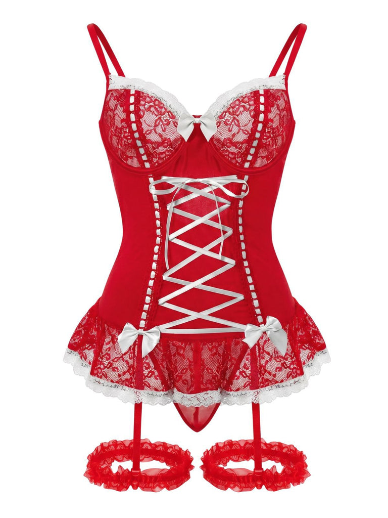 1970s Contrasted Lace Mesh Bow Lace-Up Lingerie Set, vintage fashion, retro style - perfect for women who love vintage and retro fashion