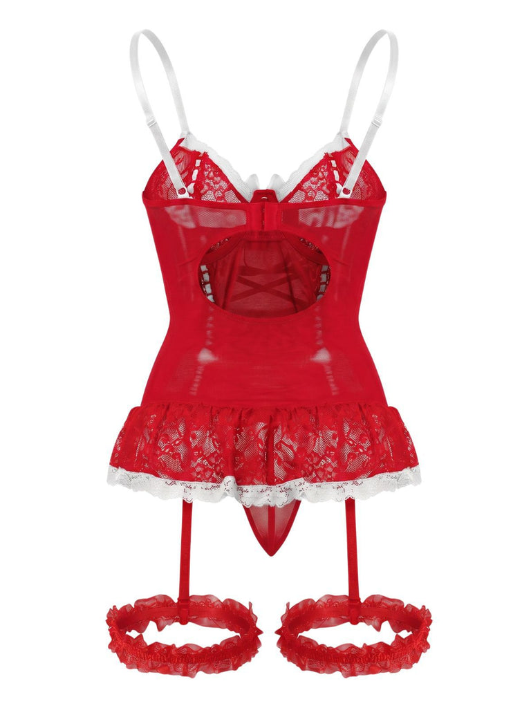 1970s Contrasted Lace Mesh Bow Lace-Up Lingerie Set, vintage fashion, retro style - perfect for women who love vintage and retro fashion