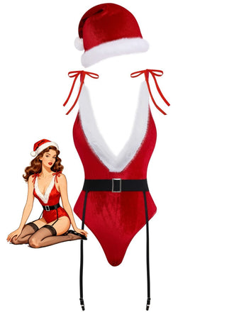 1970s Deep V Velvet Christmas Plush Bodysuit With Hat - vintage fashion, retro style