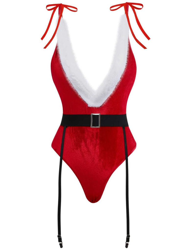1970s Deep V Velvet Christmas Plush Bodysuit With Hat - vintage fashion, retro style