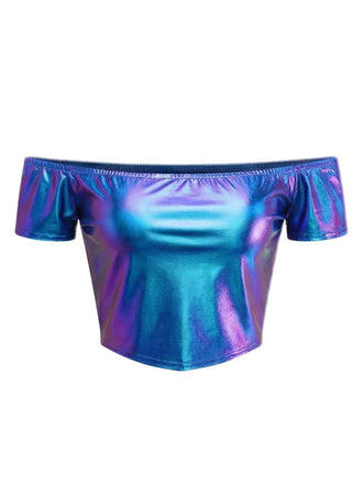 1970s Disco Metallic Off-Shoulder Short Sleeve Top - vintage fashion, retro style