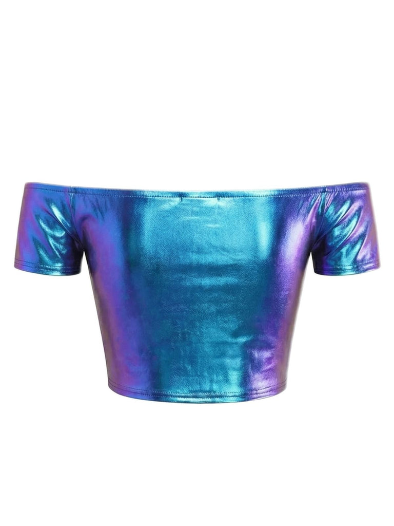 1970s Disco Metallic Off-Shoulder Short Sleeve Top - vintage fashion, retro style