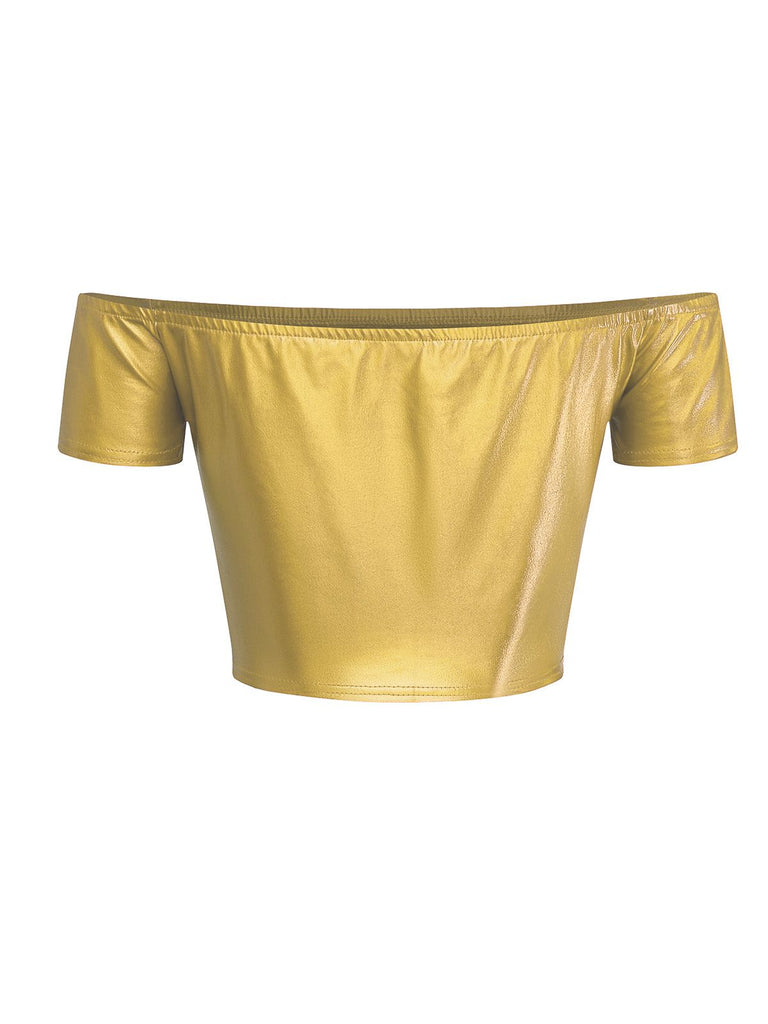 1970s Disco Metallic Off-Shoulder Short Sleeve Top - vintage fashion, retro style