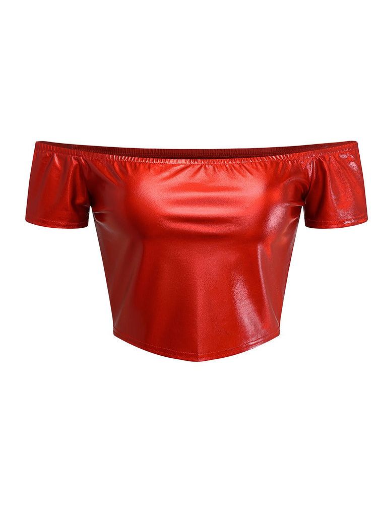 1970s Disco Metallic Off-Shoulder Short Sleeve Top - vintage fashion, retro style