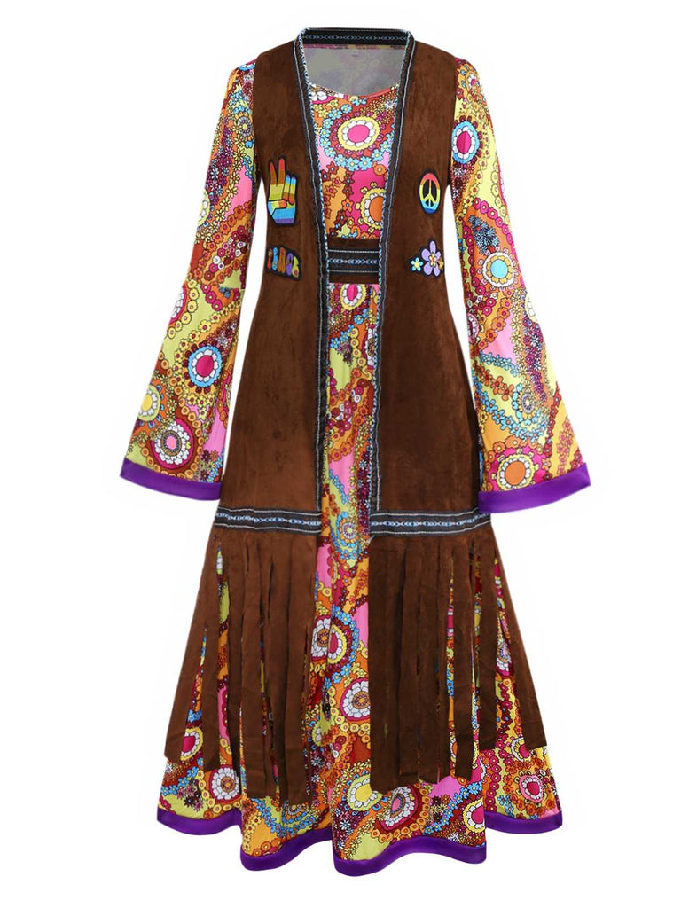 2PCS 1970s Fringe Vest & Psychedelic Hippie Costume Dress - vintage dress, retro fashion