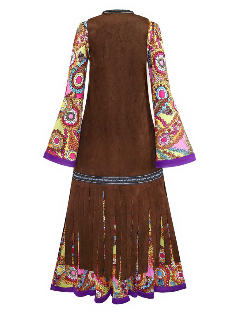 2PCS 1970s Fringe Vest & Psychedelic Hippie Costume Dress - vintage dress, retro fashion