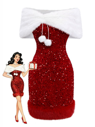 2PCS Red 1970s Velvet Sequin Faux Fur Trim Dress & Shawl - vintage dress, retro fashion, elegant red