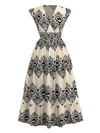 Apricot 1970s V-Neck Spades Prints Cap Sleeves Dress - vintage dress, retro fashion