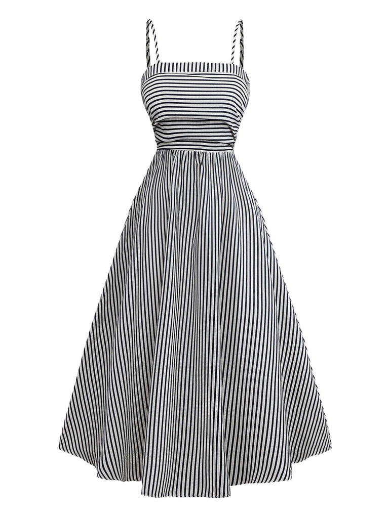 Black&White 1970s Striped Ruched Spaghetti Strap Dress Black&White 1970s Striped Ruched Spaghetti Strap Dress
