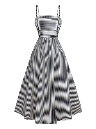 Black&White 1970s Striped Ruched Spaghetti Strap Dress - vintage dress, retro fashion, classic black