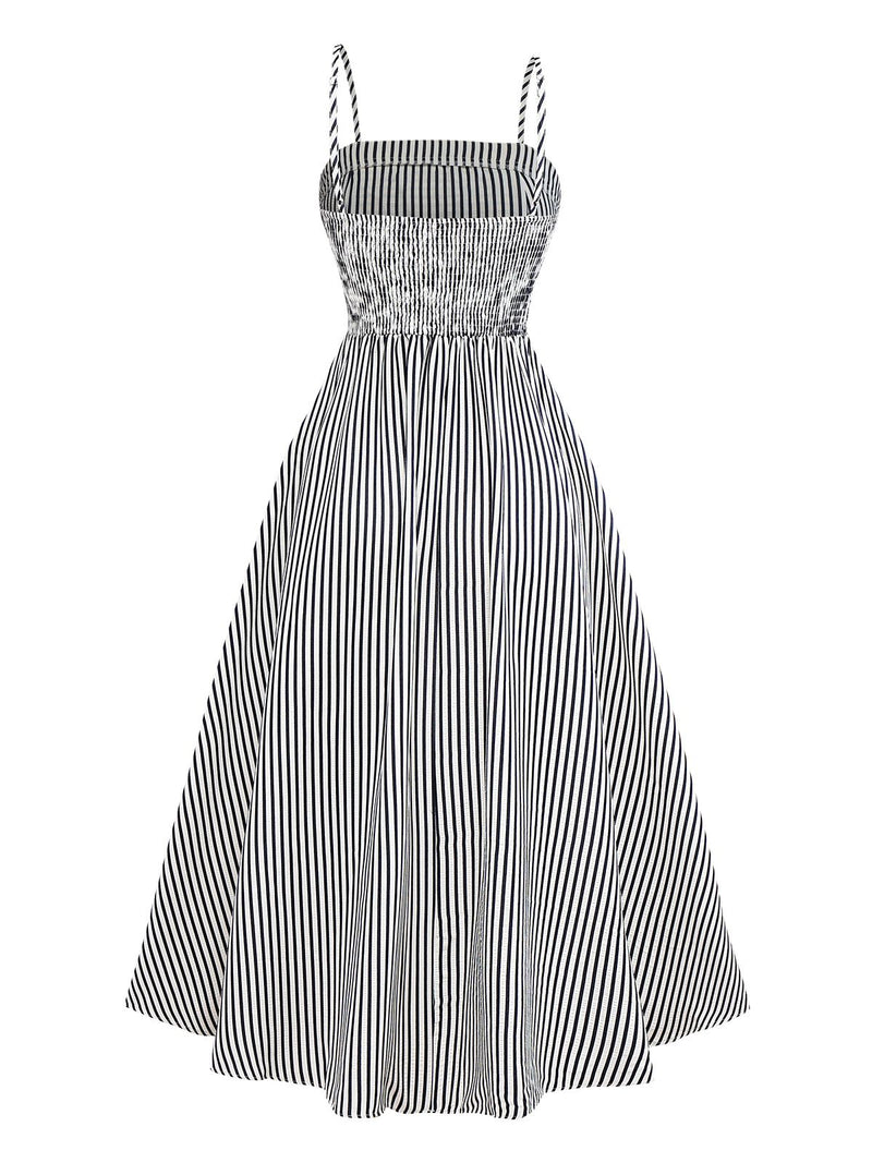 Black&White 1970s Striped Ruched Spaghetti Strap Dress | Retro Stage Black&White 1970s Striped Ruched Spaghetti Strap Dress | Retro Stage