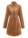 Brown 1970s Lapel Floral Embroidered Faux-Suede Dress - vintage dress, retro fashion, elegant red