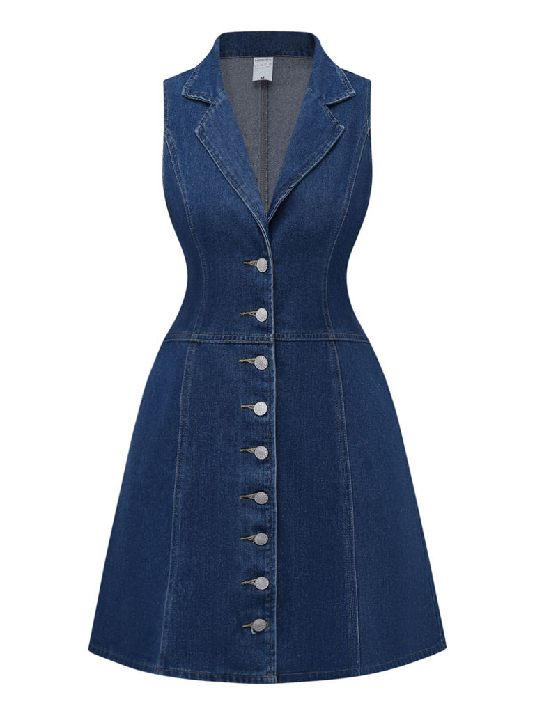 vintage denim dress Women's Lapel Sleeveless Button up Mini Denim Dress Western Cowgirl Dress