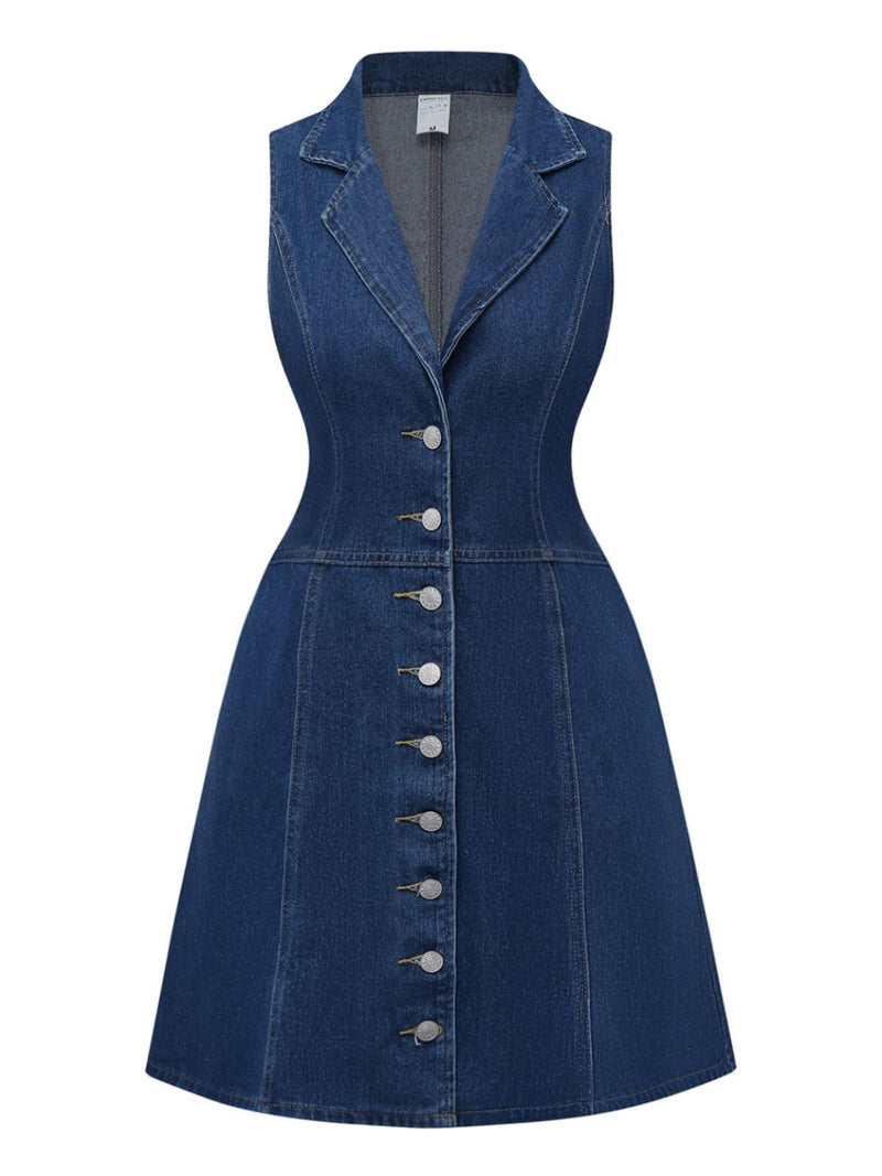 70s denim dress Women's Lapel Sleeveless Button up Mini Denim Dress Western Cowgirl Dress