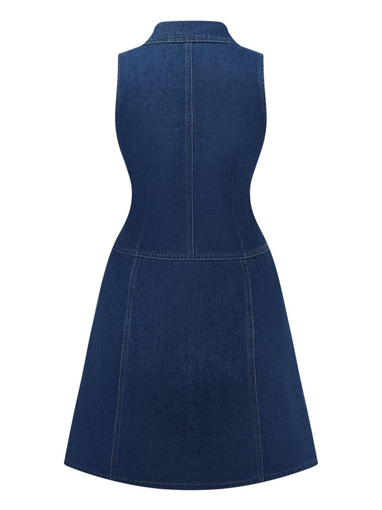 Women's Lapel Sleeveless Button up Mini Denim Dress Western Cowgirl Dress