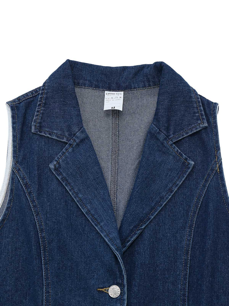 Deep Blue 1970s Denim Lapel Sleeveless Button Dress - vintage dress, retro fashion